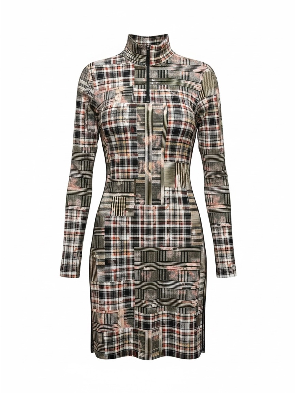 adidas Patchwork Plaid Long-Sleeve Mock Neck Dress - Black/Red/Yellow